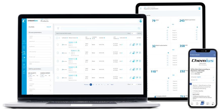 Chemius platform shown on laptop, tablet, and mobile — product management, regulatory dashboard, and safety data sheet views
